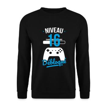 Anniversaire 16 ans - Niveau 16 débloqué - Gamer - Sweat-shirt Unisexe - noir - Devant - Alina (178cm) & Michal (187cm)