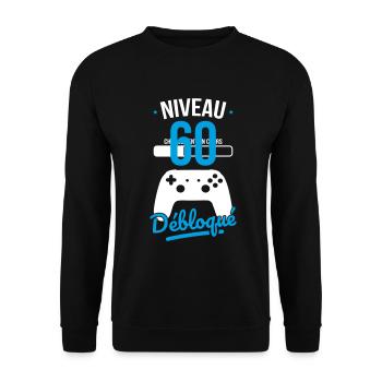 Anniversaire 60 ans - Niveau 60 débloqué - Gamer - Sweat-shirt Unisexe - noir - Devant - Alina (178cm) & Michal (187cm)