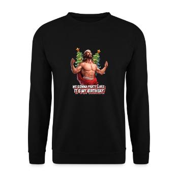 We gonna party like its my birthday Krasser Jesus - Unisex Pullover - Schwarz - Vorne - Alina (178cm) & Michal (187cm)