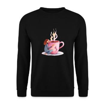 Matin douillet : femme étreignant une tasse de café rose - Sweat-shirt Unisexe - noir - Devant - Alina (178cm) & Michal (187cm)