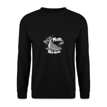 Moin Nordsee mit Seehund für Strandurlaub - Unisex Pullover - Schwarz - Vorne - Alina (178cm) & Michal (187cm)