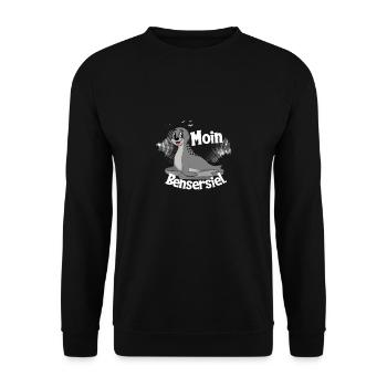 Moin Bensersiel mit Seehund für Strandurlaub - Unisex Pullover - Schwarz - Vorne - Alina (178cm) & Michal (187cm)