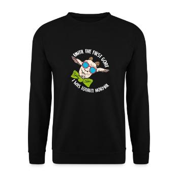 Ziege mit Sonnenbrille und Schleife - Unisex Pullover - Schwarz - Vorne - Alina (178cm) & Michal (187cm)