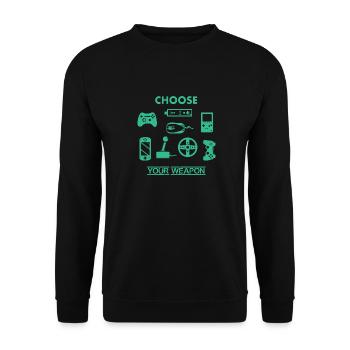 Wähle deine Waffe - Gamer - Spielekonsole - Unisex Pullover - Schwarz - Vorne - Alina (178cm) & Michal (187cm)