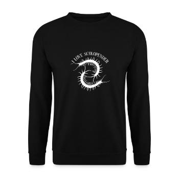 Ich liebe Skolopender zwei Skolopendersilhouetten - Unisex Pullover - Schwarz - Vorne - Alina (178cm) & Michal (187cm)