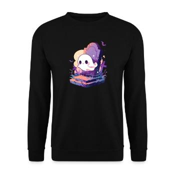 Halloween | Niedlicher Geist spuckt auf Friedhof - Unisex Pullover - Schwarz - Vorne - Alina (178cm) & Michal (187cm)