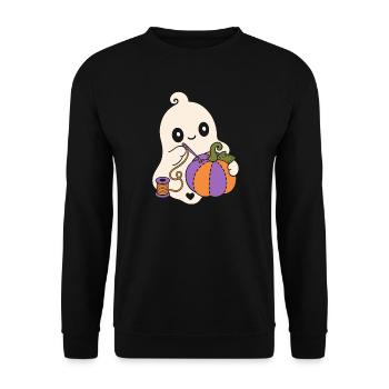 Halloween Geist näht Kürbis – Kawaii Motiv - Unisex Pullover - Schwarz - Vorne - Alina (178cm) & Michal (187cm)