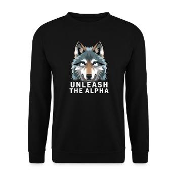  Unleash The Alpha Wolf Motivationsspruch Alpha - Unisex Pullover - Schwarz - Vorne - Alina (178cm) & Michal (187cm)