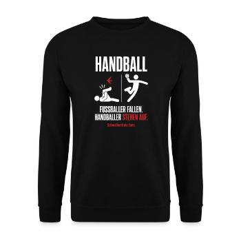 Schwalbenfreie Zone – Handball vs Fußball - Unisex Pullover - Schwarz - Vorne - Alina (178cm) & Michal (187cm)