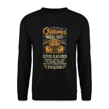 Oldtimer Baujahr 1957 Geboren Jahrgang Geburtstag - Unisex Pullover - Schwarz - Vorne - Alina (178cm) & Michal (187cm)