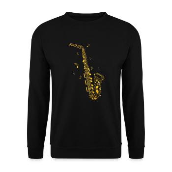 Goldenes Saxophon aus Musiknoten - Unisex Pullover - Schwarz - Vorne - Alina (178cm) & Michal (187cm)