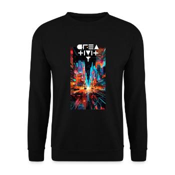 Creativity - Farbexplosion in Großstadt bei Nacht - Unisex Pullover - Schwarz - Vorne - Alina (178cm) & Michal (187cm)