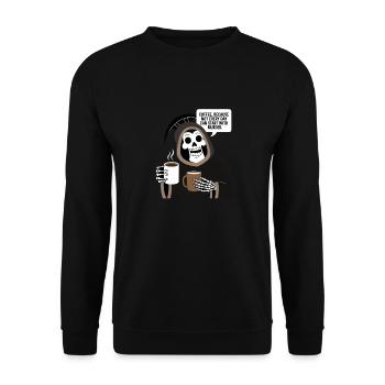 Kaffe, weil der Tag nicht immer mit Mord beginnen - Unisex Pullover - Schwarz - Vorne - Alina (178cm) & Michal (187cm)