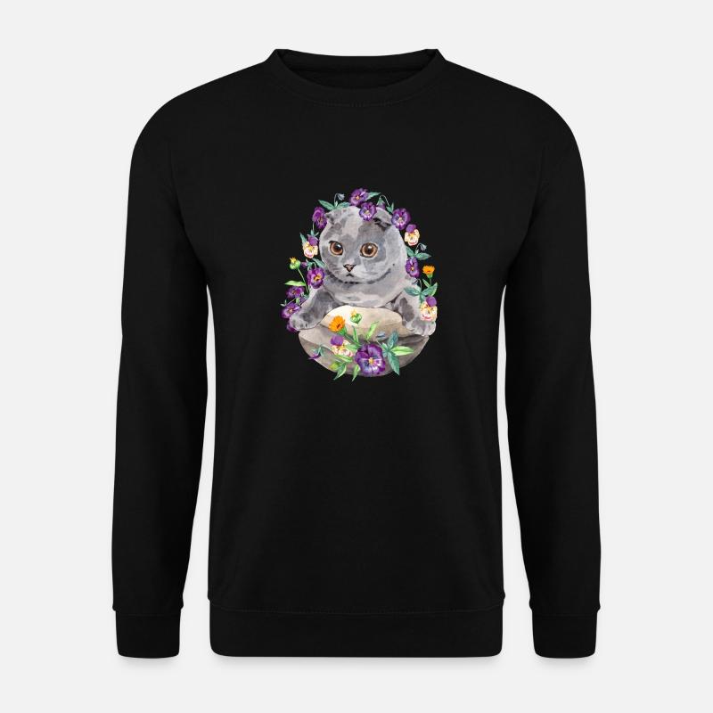 Scotish Fold Katze mit Blumen - Aquarell - Unisex Pullover - Schwarz