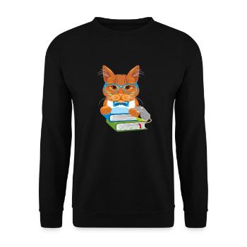Kluge Ingwerkatze mit Büchern und lustiger Maus - Unisex Pullover - Schwarz - Vorne - Alina (178cm) & Michal (187cm)
