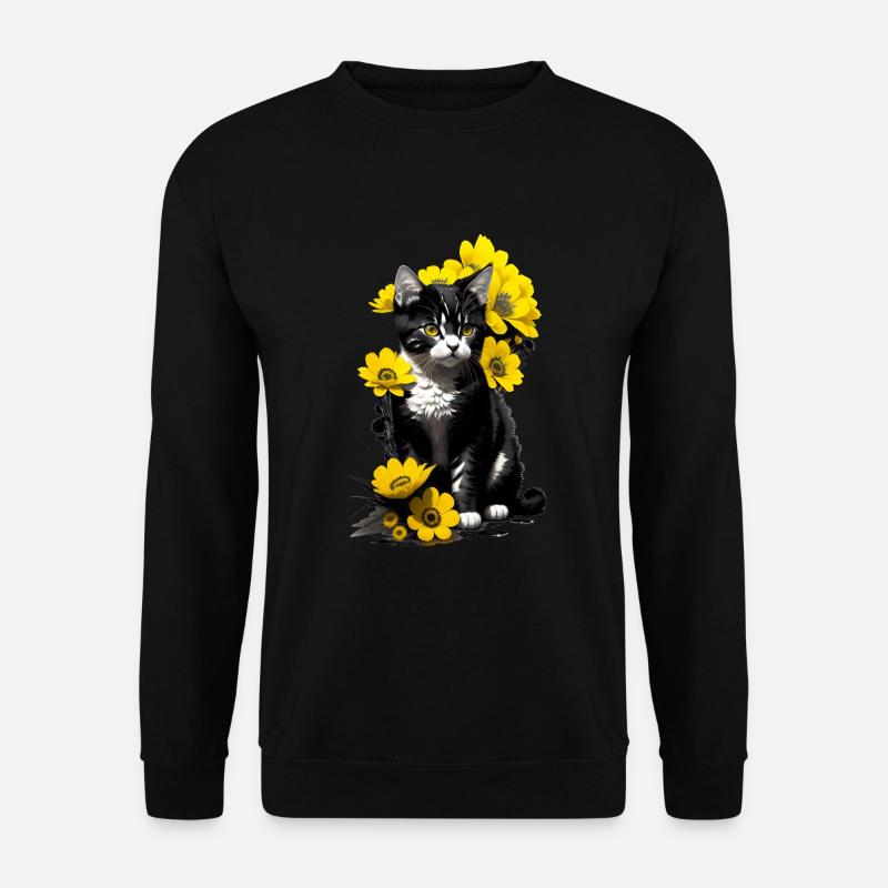 Kätzchen sitzend mit gelben Blumen - Unisex Pullover - Schwarz