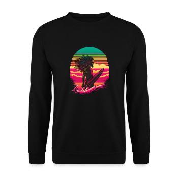 Synthwave Rasta Man surfing - Unisex Pullover - Schwarz - Vorne - Alina (178cm) & Michal (187cm)