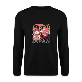 Shogun-Katze, winkende Pfote, Ramen und Kranich - Unisex Pullover - Schwarz - Vorne - Alina (178cm) & Michal (187cm)