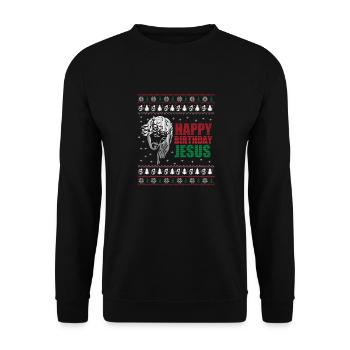 Happy Birthday Jesus Ugly Christmas Sweater - Unisex Pullover - Schwarz - Vorne - Alina (178cm) & Michal (187cm)