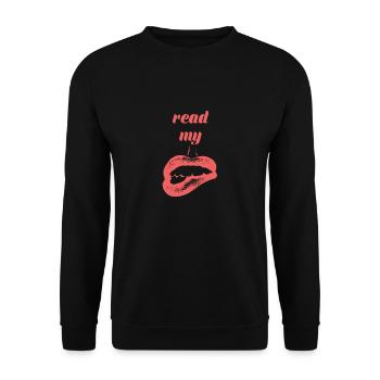 Lippen - Sexy - Kuss - Geschenk - Unisex Pullover - Schwarz - Vorne - Alina (178cm) & Michal (187cm)