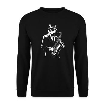 Katze in Suiteund schwarze Brille, die Saxophon spielt - Unisex Pullover - Schwarz - Vorne - Alina (178cm) & Michal (187cm)