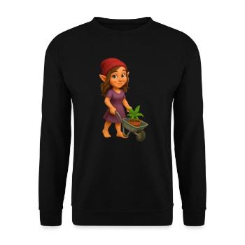 Zwergin mit Schubkarre und Cannabispflanze - Unisex Pullover - Schwarz - Vorne - Alina (178cm) & Michal (187cm)