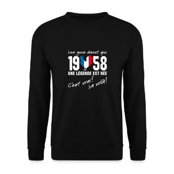 Né en 1958 - Coq aux couleurs françaises - Sweat-shirt Unisexe - noir - Devant - Alina (178cm) & Michal (187cm)