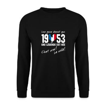Né en 1953 - Coq aux couleurs françaises - Sweat-shirt Unisexe - noir - Devant - Alina (178cm) & Michal (187cm)