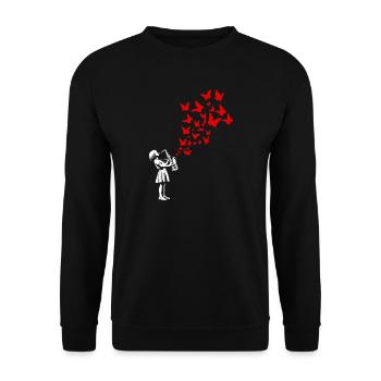 Mädchen spielt Saxophon im Streetart Stil - Unisex Pullover - Schwarz - Vorne - Alina (178cm) & Michal (187cm)