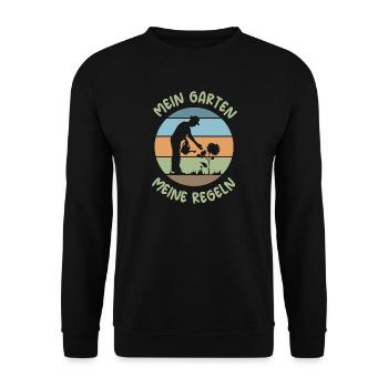 mein garten meine regeln lustige Sprüche Gärtner - Unisex Pullover - Schwarz - Vorne - Alina (178cm) & Michal (187cm)