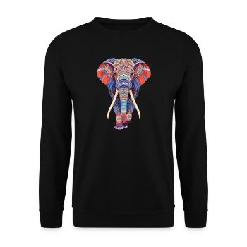Elefant Mandala gehend frontal in bunter Optik - Unisex Pullover - Schwarz - Vorne - Alina (178cm) & Michal (187cm)