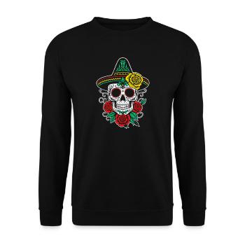 Mexikanischer Sugar Skull Sombrero Rosen - Unisex Pullover - Schwarz - Vorne - Alina (178cm) & Michal (187cm)