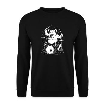 Funny Pig spielt Schlagzeug - Unisex Pullover - Schwarz - Vorne - Alina (178cm) & Michal (187cm)