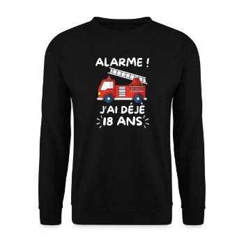 Alarme J’ai Déjà 18 Ans, Anniversaire Pompier - Sweat-shirt Unisexe - noir - Devant - Alina (178cm) & Michal (187cm)