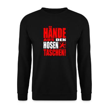 Hände Hosentaschen Spruch Arbeit Geschenk Schicht - Unisex Pullover - Schwarz - Vorne - Alina (178cm) & Michal (187cm)