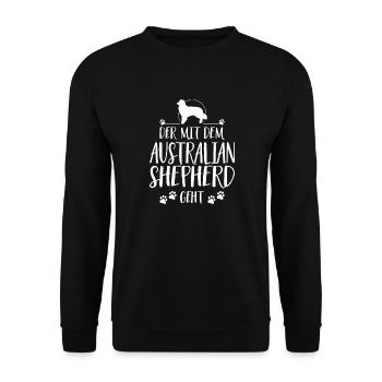 DER MIT DEM AUSTRALIAN SHEPHERD GEHT Wilsigns - Unisex Pullover - Schwarz - Vorne - Alina (178cm) & Michal (187cm)