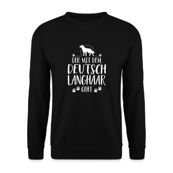 DER MIT DEUTSCH LANGHAAR GEHT Hundespruch Wilsigns - Unisex Pullover - Schwarz - Vorne - Alina (178cm) & Michal (187cm)