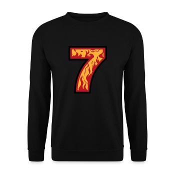 Nummer sieben mit Flammen - Zahl 7 mit Feuer 🔥 - Unisex Pullover - Schwarz - Vorne - Alina (178cm) & Michal (187cm)