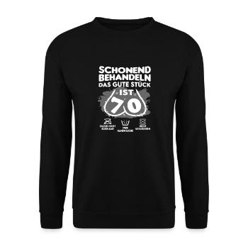 Geburtstag 70 Schonend behandeln Das Stück ist 70 - Unisex Pullover - Schwarz - Vorne - Alina (178cm) & Michal (187cm)