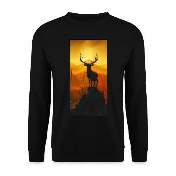 Hirsch auf Berg mit Sicht in Wald - Unisex Pullover - Schwarz - Vorne - Alina (178cm) & Michal (187cm)