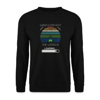 Gamer Leveln Loading Retro Sonnenburst - Unisex Pullover - Schwarz - Vorne - Alina (178cm) & Michal (187cm)
