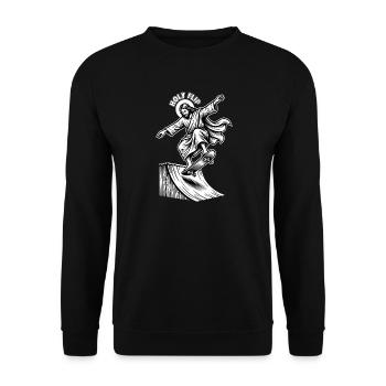 Holy Flip – Skateboarding Jesus Chirst Meme - Unisex Pullover - Schwarz - Vorne - Alina (178cm) & Michal (187cm)