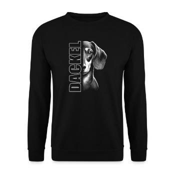 Dackel Porträt mit vertikalem Schriftzug - Unisex Pullover - Schwarz - Vorne - Alina (178cm) & Michal (187cm)