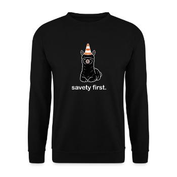 Safety First – Lustiges süßes Alpaka Motiv - Unisex Pullover - Schwarz - Vorne - Alina (178cm) & Michal (187cm)