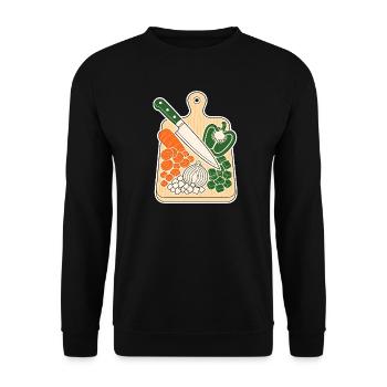 Schneidebrett mit Kochmesser & Gemüse T-Shirt - Unisex Pullover - Schwarz - Vorne - Alina (178cm) & Michal (187cm)