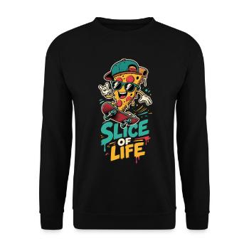 Slice of Life – Pizza fährt Skateboard - Unisex Pullover - Schwarz - Vorne - Alina (178cm) & Michal (187cm)
