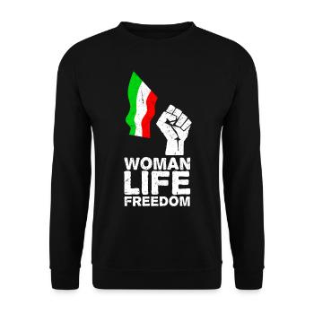 Woman, Life, Freedom | Free Iran! | With flag - Unisex Sweatshirt - black - Front - Alina (178cm) & Michal (187cm)