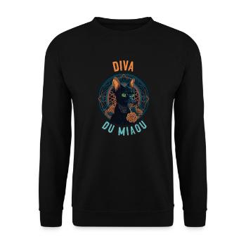 Porträt einer eleganten Katze: Diva du Miaou - Unisex Pullover - Schwarz - Vorne - Alina (178cm) & Michal (187cm)