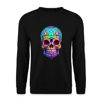 Mehrfarbiger stilisierter Totenkopf - Unisex Pullover - Schwarz - Vorne - Alina (178cm) & Michal (187cm)