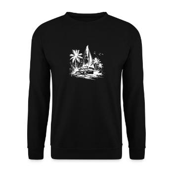 Doppelrumpf Katamaran Segelboot mit Palmen - Unisex Pullover - Schwarz - Vorne - Alina (178cm) & Michal (187cm)